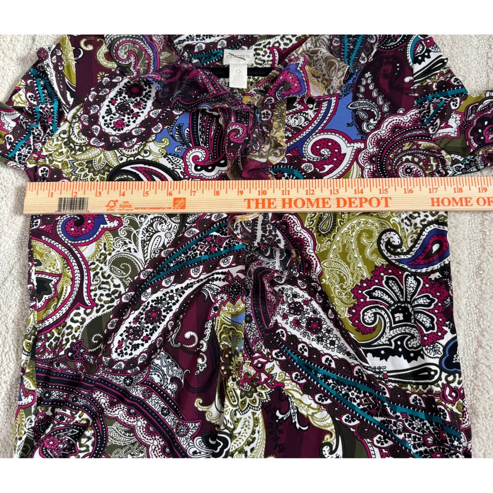 Chico's Sublime Paisley Ruffle V-Neck Blouse Long‎ Sleeve Boho Top 0 Small - Picture 11 of 12